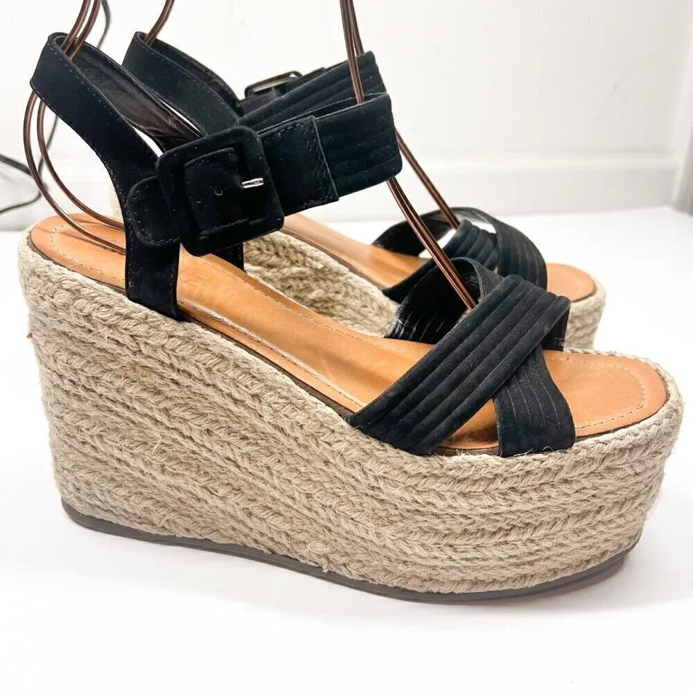 Schutz Blisse Nubuck Platform Wedge Sandal Size 10 Black / Tan